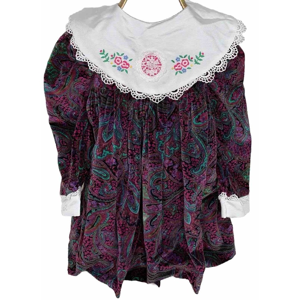 Baby Togs Embroidered Dress Size 3T Velvet Collar Paisley Vintage Toddler Lace